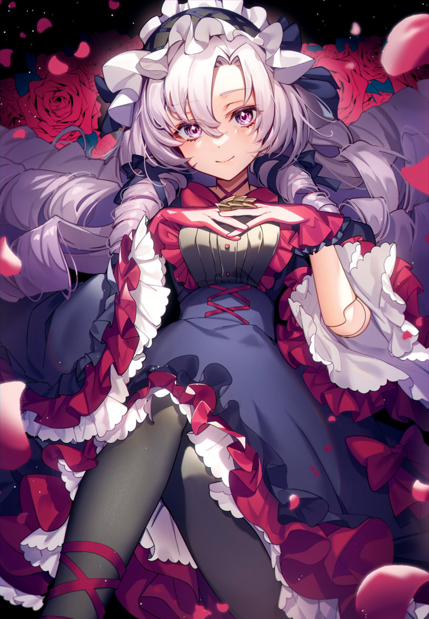 1girl :&gt; black_pantyhose blush bright_pupils claw_ring commentary_request doll_joints dress drill_hair feet_out_of_frame floral_background flower frilled_dress frilled_headwear frills hands_on_own_chest highres hyakumantenbara_salome interlocked_fingers joints layered_dress light_purple_hair long_hair looking_at_viewer maid_headdress nijisanji nonomaro pantyhose parted_bangs petals red_dress red_flower red_rose rose side_drill smile solo violet_eyes virtual_youtuber white_pupils