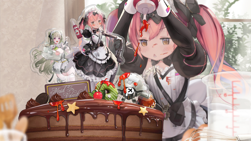 2girls antenna_hair apron arm_cuffs arm_under_breasts ascot black_bow black_bowtie black_dress black_skirt blush bottle bow bowtie breast_strap button_gap cake chest_strap chestnut_mouth chocolate cocoa_(nikke) detached_collar double_bun dress floating_hair food frilled_dress frilled_hairband frills fruit garter_straps gloves goddess_of_victory:_nikke green_ascot green_hair hair_between_eyes hair_bow hair_bun hair_ornament hairband highres holding holding_plate juliet_sleeves ketchup light_blush long_hair long_sleeves maid maid_apron maid_headdress multiple_girls official_art open_mouth parted_lips pink_eyes pink_hair plate pleated_skirt puffy_sleeves skirt sleeveless soda_(nikke) standing strawberry thigh-highs twintails two-tone_gloves white_apron white_thighhighs yellow_eyes zettai_ryouiki