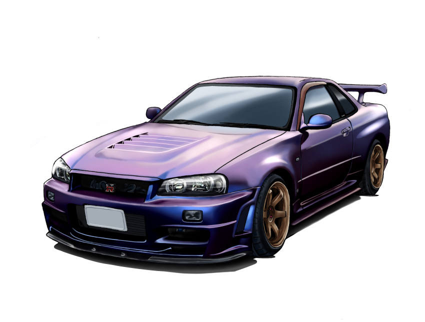 absurdres car highres motor_vehicle nissan nissan_skyline nissan_skyline_gt-r nissan_skyline_r34 no_humans original simple_background spoiler_(automobile) sports_car t.r vehicle_focus white_background