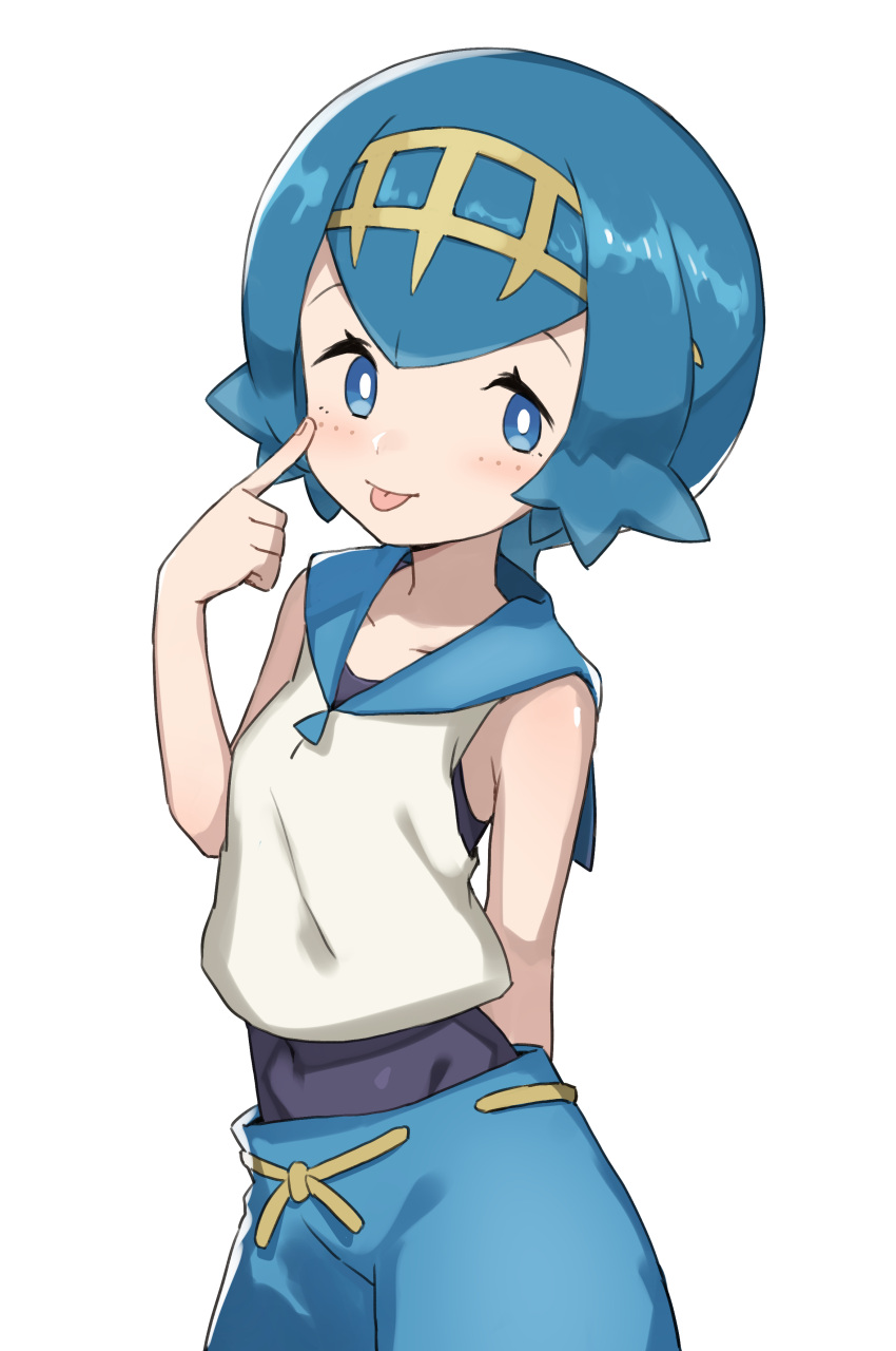 1girl absurdres blue_eyes blue_hair blush bob_cut bright_pupils covered_navel finger_to_face freckles gazacy_(dai) highres lana_(pokemon) no_sclera pokemon pokemon_(game) pokemon_sm sailor_collar short_hair simple_background smile solo swimsuit swimsuit_under_clothes tiara tongue tongue_out white_background white_pupils