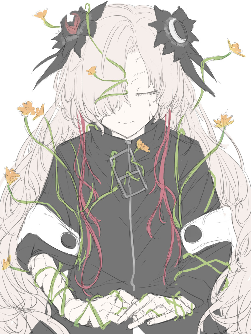 1girl absurdres asymmetrical_sleeves black_coat black_flower closed_eyes closed_mouth coat commentary_request cracked_skin doll_joints facing_viewer flower grey_hair hair_flower hair_ornament hair_over_one_eye high_collar highres isekai_joucho joints kamitsubaki_studio kino_(kin0_oz) long_hair missing_finger multicolored_hair overgrown redhead solo streaked_hair uneven_sleeves upper_body very_long_hair virtual_youtuber wavy_hair yellow_flower zipper zipper_pull_tab