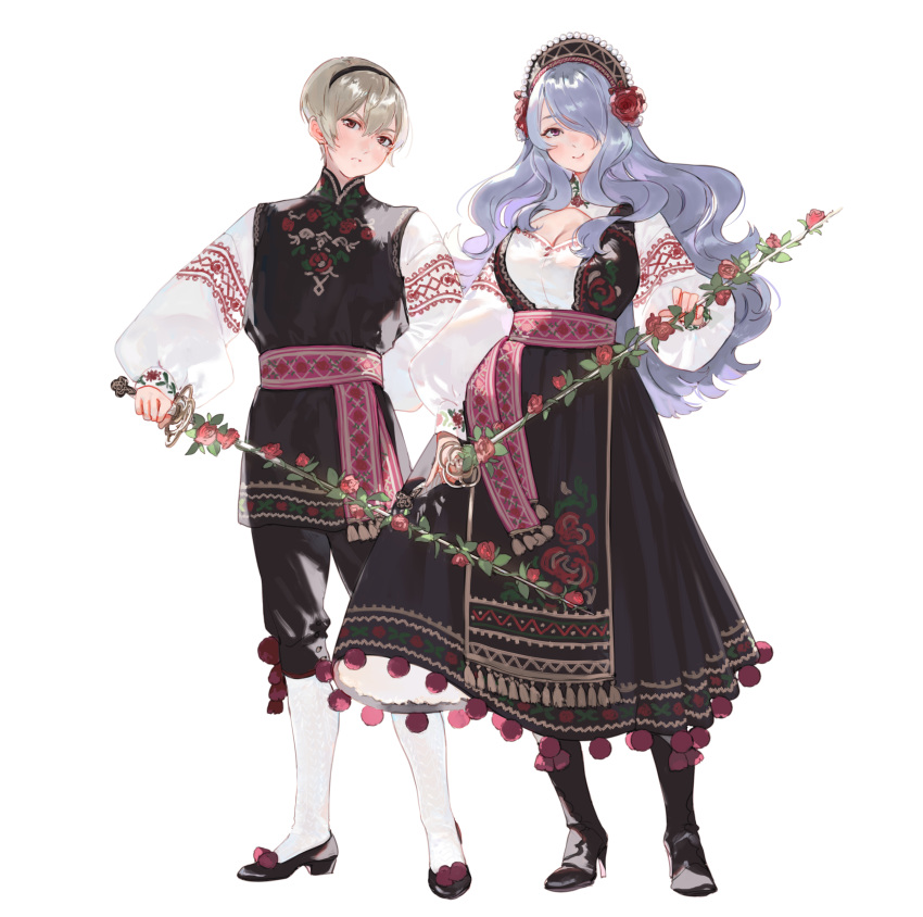1boy 1girl absurdres ai-wa blonde_hair brother_and_sister camilla_(fire_emblem) dress fire_emblem fire_emblem_fates flower hair_over_one_eye high_heels highres holding holding_sword holding_weapon leaf leo_(fire_emblem) long_hair looking_at_viewer purple_hair red_flower red_rose redhead rose short_hair siblings simple_background sword thigh-highs traditional_clothes weapon white_background