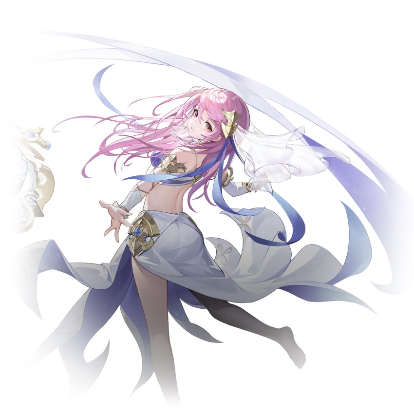1girl bare_legs elbow_gloves gloves hair_ornament higan:_eruthyll highres long_hair looking_back mouth_veil nuno_(higan:_eruthyll) official_art pink_eyes pink_hair solo veil