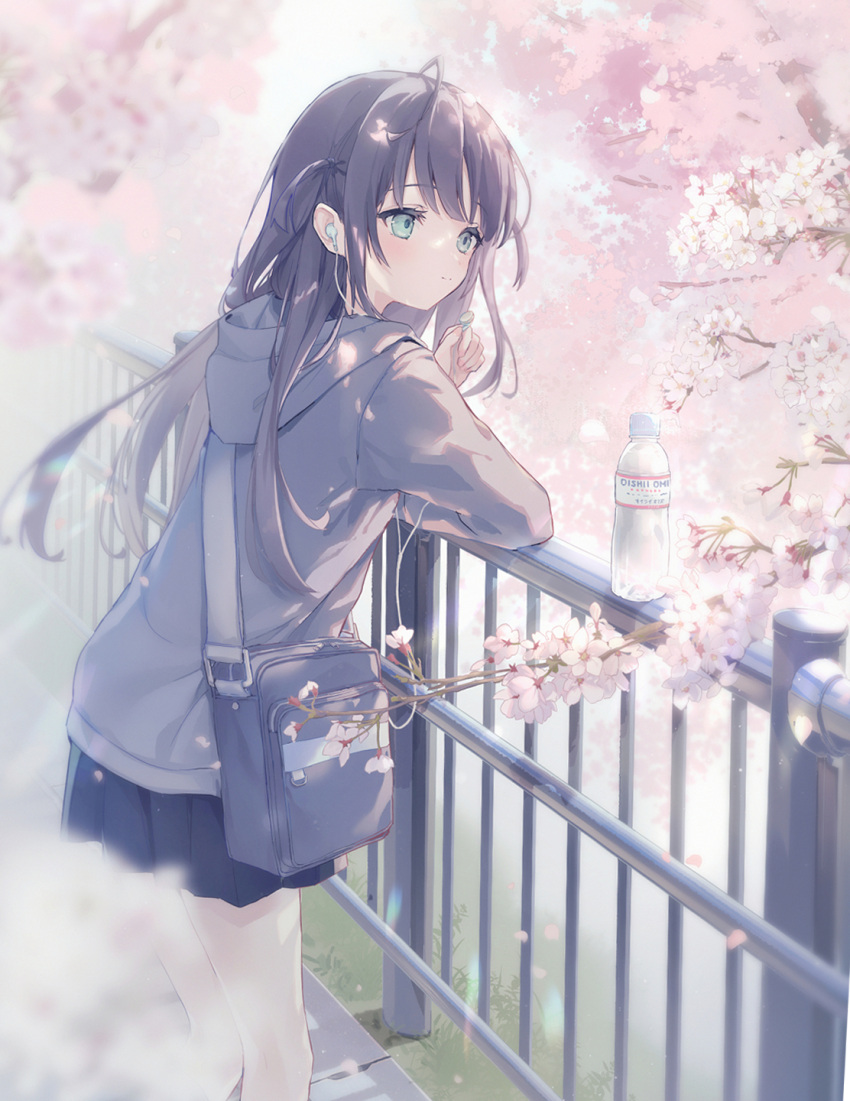 1girl bag black_hair black_skirt blue_eyes bottle branch cherry_blossoms closed_mouth commentary_request day earphones earphones flower grey_hoodie highres holding holding_earphones hood hood_down hoodie looking_away looking_to_the_side one_side_up original outdoors pink_flower pleated_skirt railing shoulder_bag skirt smile solo suzumori_uina water_bottle