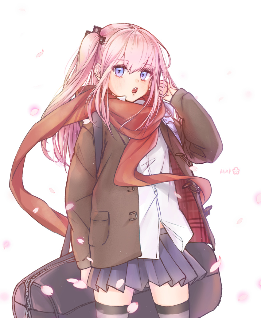 1girl absurdres bag blue_eyes blue_skirt blush brown_jacket cherry_blossoms girls_frontline grey_thighhighs highres ice_s_s_z jacket long_hair long_sleeves looking_at_viewer one_side_up open_clothes open_jacket open_mouth petals pink_hair pleated_skirt red_scarf scarf shirt simple_background skirt solo st_ar-15_(girls'_frontline) st_ar-15_(literary_girl)_(girls'_frontline) thigh-highs white_background white_shirt