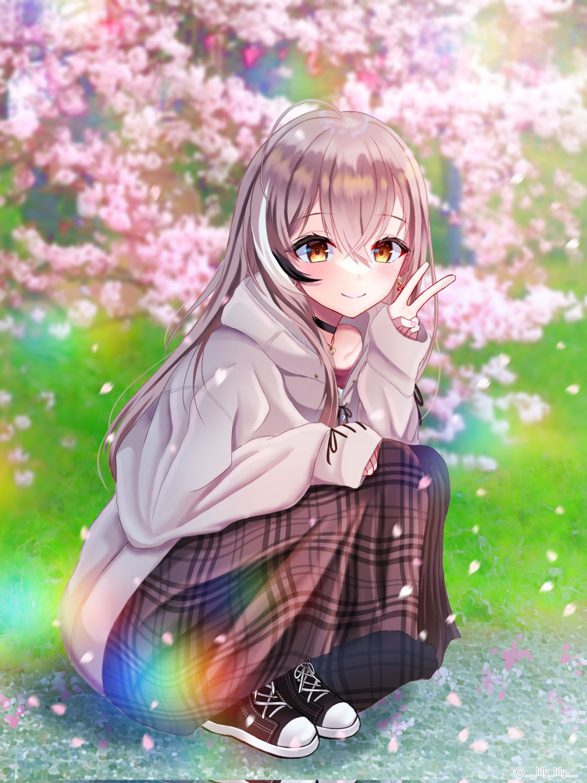 1girl ahoge berry black_choker brown_eyes brown_footwear brown_hair brown_hoodie brown_skirt cherry_blossoms choker earrings food-themed_earrings high_tops highres hololive hololive_english hood hoodie jewelry lily_lily long_hair long_skirt looking_at_viewer multicolored_hair nanashi_mumei necklace official_alternate_costume oversized_clothes photo_background plaid plaid_skirt rainbow_gradient red_shirt runes shirt shoes skirt sleeves_past_wrists smile sneakers spring_(season) squatting streaked_hair sweater v virtual_youtuber white_sweater