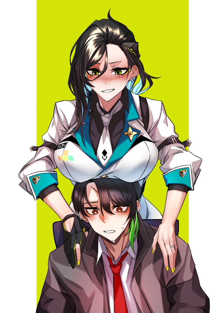 1boy 1girl absurdres behind_another black_hair black_shirt blue_hair blush breasts brown_hair brown_jacket commentary_request commission dogs_(dlrkdejr26) earrings girls_frontline gloves green_eyes green_hair green_nails hair_ornament hands_on_another's_shoulders highres jacket jewelry korean_commentary large_breasts light_blue_hair long_hair long_sleeves looking_at_another mole mole_under_eye multicolored_hair nail_polish necktie open_mouth original python_(girls'_frontline) ring scar shirt shooting_gloves short_hair simple_background smile solo star_pin streaked_hair sweat two-tone_background two-tone_hair wedding_ring white_jacket white_necktie white_shirt