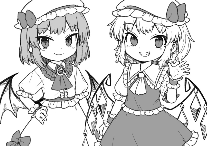 2girls ascot bat_wings bow brooch center_frills clenched_hand closed_mouth cowboy_shot crystal flandre_scarlet frilled_shirt frilled_shirt_collar frilled_skirt frills greyscale grin hand_on_own_hip hat hat_bow highres jewelry medium_hair mob_cap monochrome multiple_girls oninamako puffy_short_sleeves puffy_sleeves remilia_scarlet shirt short_sleeves siblings simple_background sisters skirt slit_pupils smile touhou vest waving white_background wings wrist_cuffs