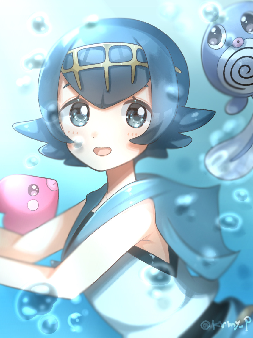 1girl absurdres air_bubble artist_name artist_request blue_eyes blue_hair bubble highres kurumiya_(krmy_p) lana_(pokemon) looking_at_viewer luvdisc open_mouth pokemon pokemon_(creature) pokemon_(game) pokemon_sm poliwag smile underwater water watermark