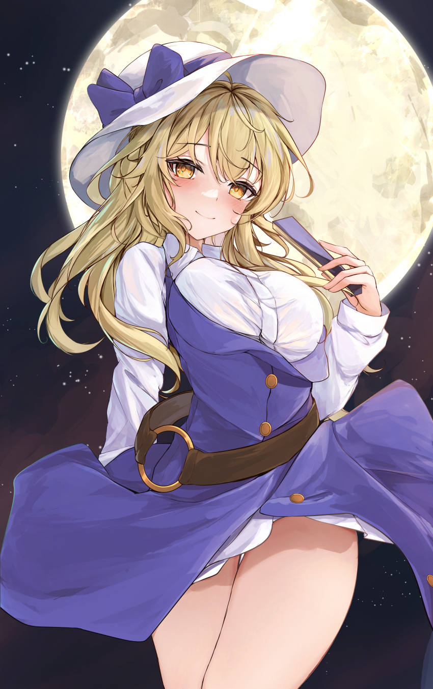 1girl absurdres arm_behind_back blonde_hair blush bow breasts clothes_lift collared_shirt commission cowboy_shot dress dress_lift full_moon hand_fan hand_up hat hat_bow highres hip_focus holding holding_fan large_breasts long_hair long_sleeves looking_at_viewer looking_down moon night night_sky orchid_(orukido) outdoors pixiv_commission purple_bow purple_dress shirt sky smile solo star_(sky) starry_sky thigh_gap thighs touhou very_long_hair watatsuki_no_toyohime white_headwear white_shirt yellow_eyes