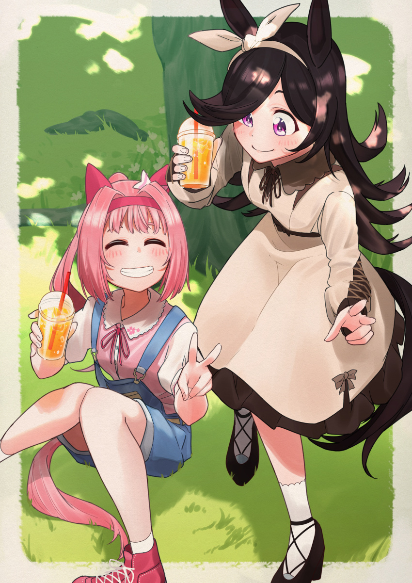 2girls absurdres animal_ears black_footwear black_hair blush bow_hairband breasts brown_dress closed_mouth collared_dress cup disposable_cup dress drinking_straw ear_covers freely2327 grass grin hair_intakes hairband haru_urara_(umamusume) highres holding holding_cup horse_ears horse_girl horse_tail knees_together_feet_apart knees_up long_hair looking_at_another multiple_girls neck_ribbon outdoors overall_shorts overalls pink_hair pink_shirt ponytail red_footwear ribbon rice_shower_(umamusume) shirt shoes small_breasts smile sneakers socks standing tail tree umamusume v violet_eyes white_socks