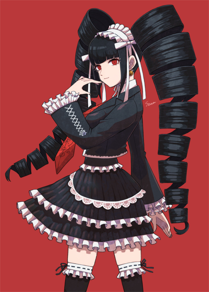 1girl black_hair black_nails blunt_bangs bonnet celestia_ludenberg claw_ring cowboy_shot danganronpa:_trigger_happy_havoc danganronpa_(series) drill_hair earrings frilled_jacket frills gothic_lolita hand_up highres jacket jewelry lace-trimmed_skirt lace_trim layered_skirt lolita_fashion long_hair long_sleeves looking_at_viewer nail_polish necktie red_background red_eyes red_necktie sena_(jcwe4828) shirt simple_background skirt smile solo twin_drills twintails