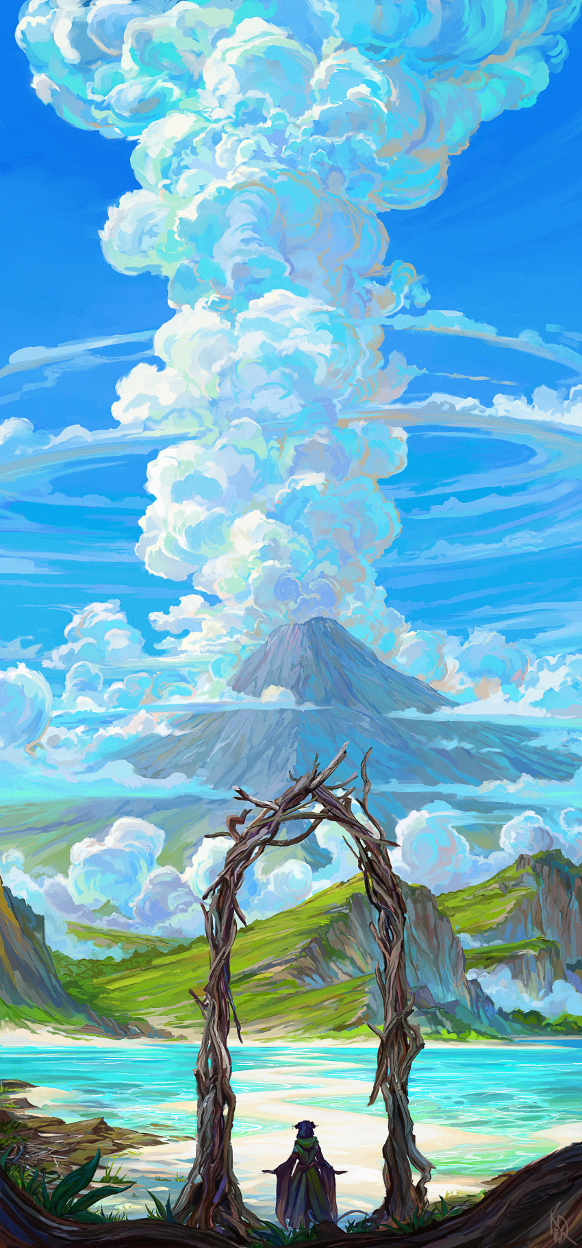 1girl absurdres arch blue_hair blue_sky critical_role day english_commentary eruption fantasy fog grass green_robe hair_ornament hair_stick highres idrawbagman island landscape long_sleeves mountain nature outdoors outstretched_arms path plant river robe rock roots sand scenery shore short_hair signature sky smoke spread_arms standing volcano wide_shot wide_sleeves