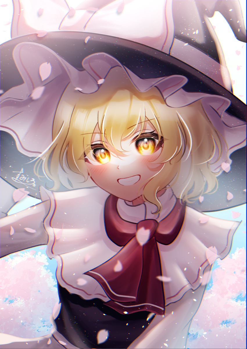 1girl absurdres ascot black_dress black_headwear blonde_hair blush bow cherry_blossoms dress grin hair_between_eyes hat hat_bow highres kirisame_marisa long_sleeves looking_at_viewer perfect_cherry_blossom petals red_ascot short_hair smile solo sumishiro_8070 touhou upper_body white_bow witch_hat yellow_eyes
