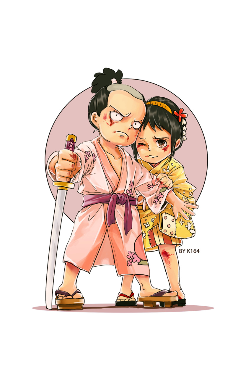 1boy 1girl artist_name black_hair blood blood_on_face closed_mouth flower full_body hair_flower hair_ornament high_ponytail highres holding holding_sword holding_weapon japanese_clothes k164 katana momonosuke_(one_piece) one_eye_closed one_piece sword tama_(one_piece) weapon