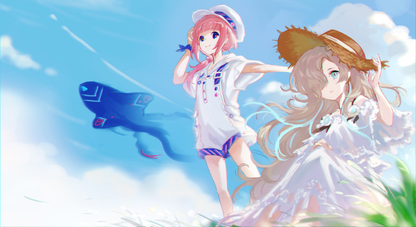 2girls alternate_costume animal asukayou blonde_hair blue_eyes blue_hair blue_ribbon blue_sky blunt_bangs cabbie_hat chinese_commentary clouds cloudy_sky commentary_request contrail day dress dress_flower feet_out_of_frame fish floating_hair flower flying_fish frilled_dress frills from_below grass hair_over_one_eye hair_over_shoulder hand_on_headwear hand_on_own_head hand_on_own_knee hand_up hat highres hood hood_down hoodie isekai_joucho kaf_(kamitsubaki_studio) kamitsubaki_studio knees_up laplace_(kamitsubaki_studio) long_hair looking_to_the_side low_ponytail multicolored_eyes multicolored_hair multiple_girls off-shoulder_dress off_shoulder outdoors overalls oversized_animal parted_lips pink_hair red_eyes ribbon short_shorts short_sleeves shorts sideways_glance sitting sky standing straw_hat streaked_hair sundress very_long_hair virtual_youtuber wavy_hair white_dress white_flower white_hoodie white_overalls wind wrist_ribbon yellow_pupils