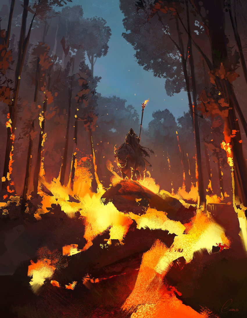 1other bull facing_viewer fire forest highres holding holding_torch hood hood_up jocelin_carmes long_sleeves nature night original outdoors riding sitting solo torch tree