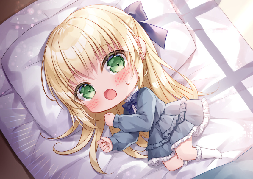 1girl blonde_hair blue_bow blue_dress blush bow chibi commission dress frilled_dress frilled_socks frills full_body futon green_eyes hair_bow hands_up highres kohinata_hoshimi layered_dress long_hair long_sleeves looking_at_viewer lying no_shoes on_bed on_side open_mouth original pillow puffy_long_sleeves puffy_sleeves skeb_commission socks solo sweat very_long_hair white_socks