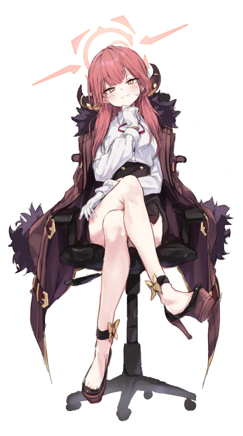 1girl absurdres anklet aru_(blue_archive) black_skirt blue_archive blush breasts brown_coat chair closed_mouth coat coat_on_shoulders collared_shirt crossed_legs full_body gloves halo head_tilt high-waist_skirt highres horns jewelry long_hair long_sleeves looking_at_viewer miniskirt neck_ribbon office_chair pink_hair platform_footwear platform_heels ribbon shirt shirt_tucked_in side_slit simple_background sitting skirt small_breasts smile solo sweatdrop swivel_chair toshizou_(0714) white_background white_gloves white_shirt yellow_eyes