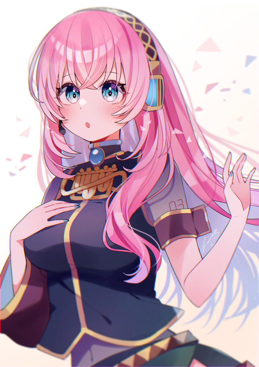 1girl absurdres aqua_eyes aqua_nails black_skirt black_sleeves black_vest blunt_bangs blush breasts commentary_request crop_top detached_sleeves hand_on_own_chest headphones headset high_collar highres large_breasts long_hair looking_to_the_side mamec0s megurine_luka microphone midriff_peek nail_polish number_tattoo parted_lips pink_hair shoulder_tattoo sidelocks signature single_detached_sleeve skirt solo tattoo upper_body vest vocaloid