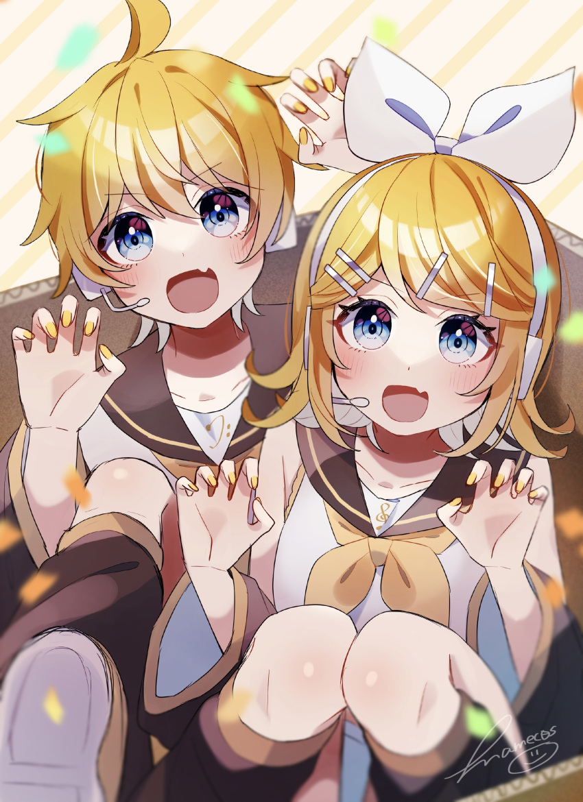 1boy 1girl absurdres aqua_eyes bare_shoulders black_sleeves blonde_hair blurry blurry_foreground blush brother_and_sister claw_pose collarbone commentary_request confetti detached_sleeves fang hair_between_eyes hair_ornament hair_ribbon hairclip hands_up headphones heads_together headset highres kagamine_len kagamine_rin mamec0s nail_polish neckerchief open_mouth ribbon sailor_collar shirt short_hair siblings sitting skin_fang sleeveless sleeveless_shirt swept_bangs twins vocaloid white_ribbon white_shirt yellow_nails yellow_neckerchief
