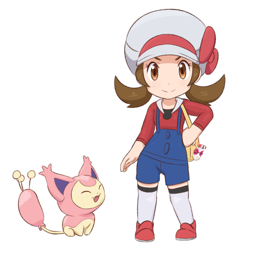 1girl blue_overalls bow brown_eyes brown_hair cabbie_hat chibi commentary english_commentary full_body greatm8 hand_on_own_hip hat hat_bow hat_ribbon highres looking_at_viewer low_twintails lyra_(pokemon) overalls photoshop_(medium) pokegear pokemon pokemon_(creature) pokemon_(game) pokemon_hgss red_bow red_footwear red_shirt ribbon shirt skitty smile socks standing straight-on transparent_background twintails white_headwear white_socks