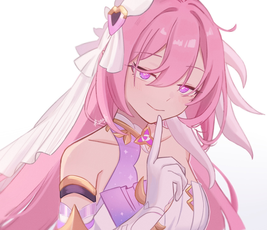 1girl bare_shoulders closed_mouth collarbone elf elysia_(herrscher_of_human:ego)_(honkai_impact) elysia_(honkai_impact) gloves hair_ornament highres honkai_(series) honkai_impact_3rd long_hair looking_at_viewer pink_eyes pink_hair pointy_ears rena_(_rrena) simple_background smile solo upper_body veil very_long_hair white_background white_gloves