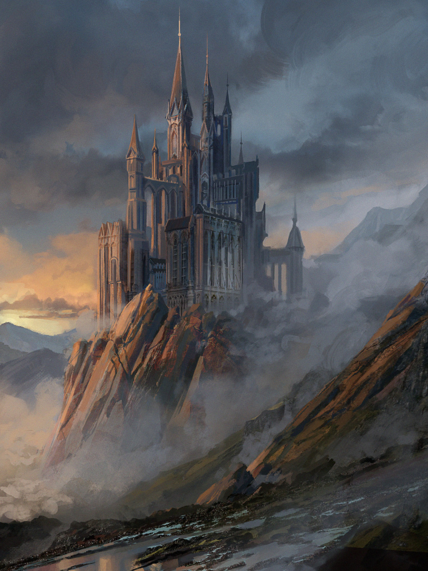absurdres architecture building castle clouds cloudy_sky critical_role dark_clouds dawn english_commentary fantasy fog grass highres hill idrawbagman landscape mountain no_humans outdoors puddle scenery sky spire sunrise tower