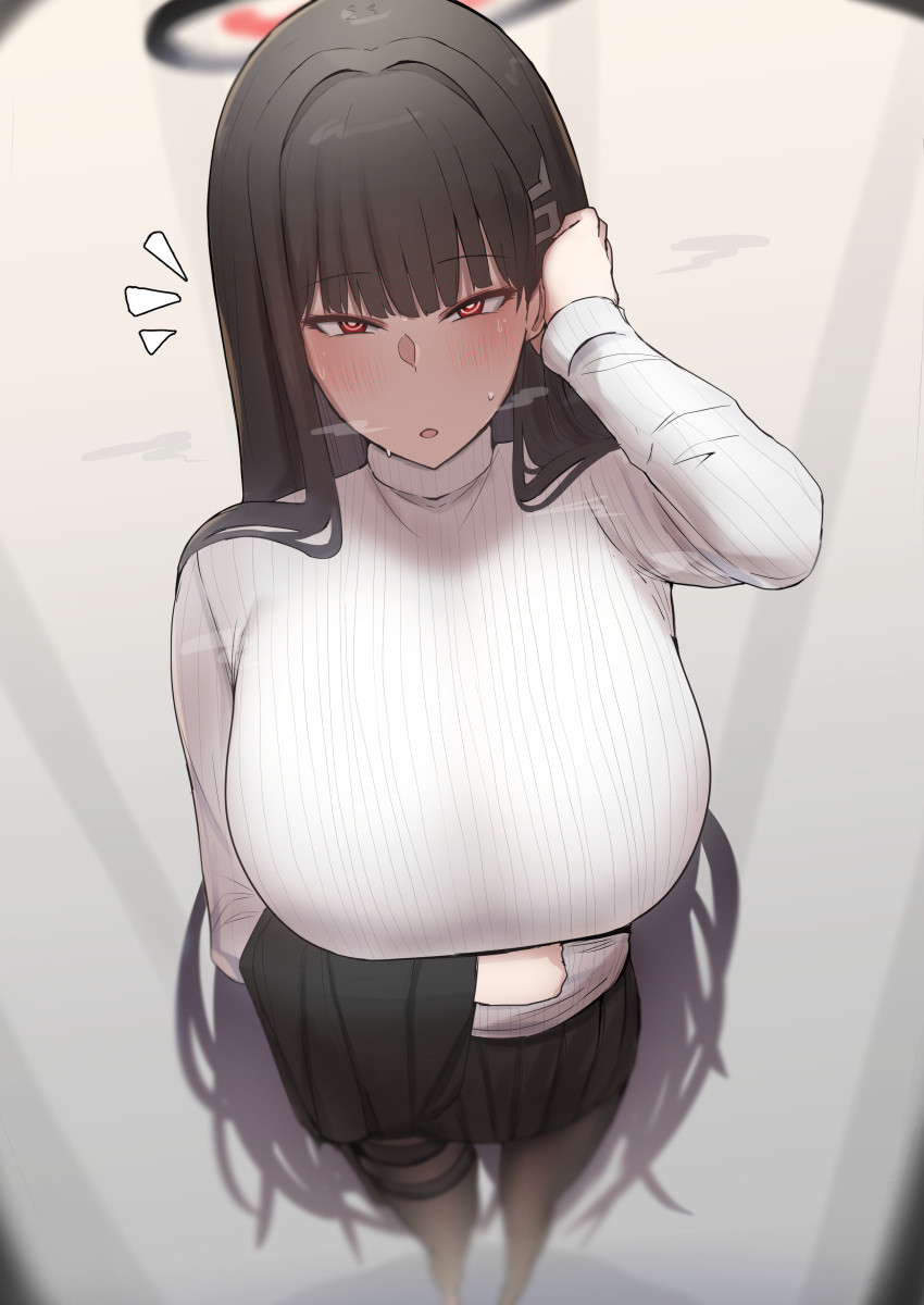 1girl absurdres black_hair black_pantyhose blue_archive blush breasts fuzinoe_13b hair_ornament hairclip halo highres hime_cut large_breasts long_hair looking_at_viewer open_mouth pantyhose pleated_skirt red_eyes rio_(blue_archive) skirt solo sweat sweater turtleneck turtleneck_sweater very_long_hair
