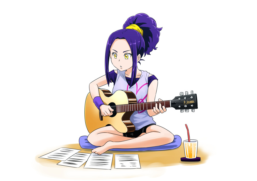 1girl alternate_hairstyle barefoot black_shorts blue_tank_top commentary cup drinking_glass drinking_straw guitar hair_ornament hair_scrunchie hair_up highres holding holding_instrument indian_style instrument juice kurokawa_eren medium_hair music on_pillow paper parted_lips pillow playing_instrument ponytail precure purple_hair purple_shirt satou_yasu scrunchie shirt short_shorts shorts sidelocks simple_background sitting sleeveless sleeveless_shirt solo suite_precure tank_top white_background wristband yellow_eyes yellow_scrunchie