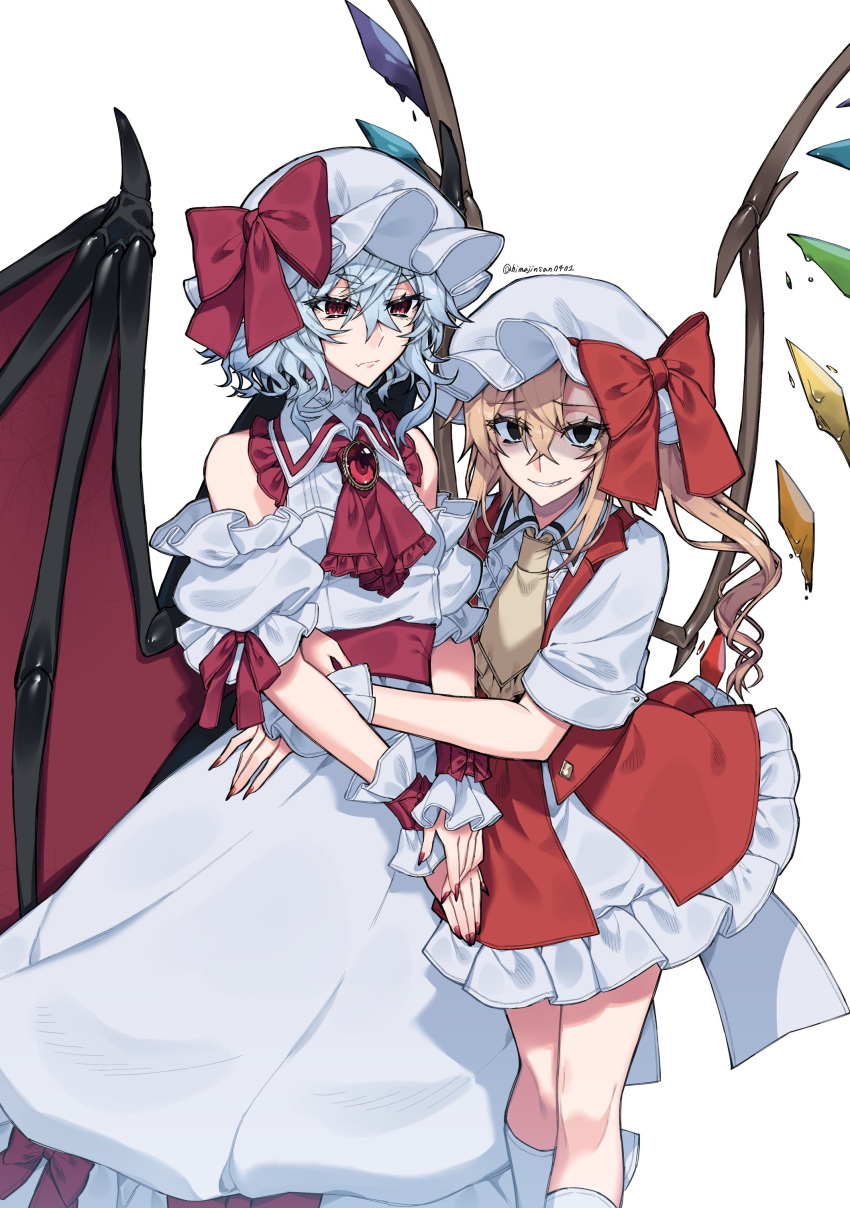 2girls absurdres ascot bare_shoulders bat_wings blonde_hair blue_hair bow brooch crystal flandre_scarlet hat hat_ribbon highres himadera hug jewelry laevatein_(touhou) looking_at_viewer mob_cap multiple_girls one_side_up puffy_short_sleeves puffy_sleeves red_eyes red_skirt red_vest remilia_scarlet ribbon shirt short_hair short_sleeves siblings side_ponytail simple_background sisters skirt skirt_set smile touhou vest white_background wings yandere yellow_ascot