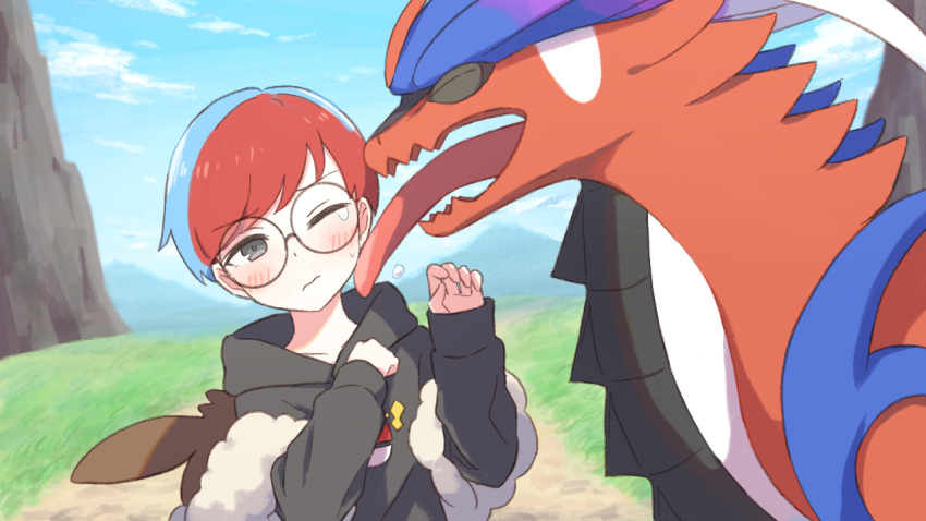 1girl backpack bag blue_hair blush brown_bag clouds commentary_request day fujiyama_(yellow) glasses grass grey_eyes hands_up hood hood_down hoodie koraidon licking licking_another's_face long_sleeves multicolored_hair one_eye_closed outdoors penny_(pokemon) poke_ball_print pokemon pokemon_(creature) pokemon_(game) pokemon_sv redhead round_eyewear short_hair sky two-tone_hair