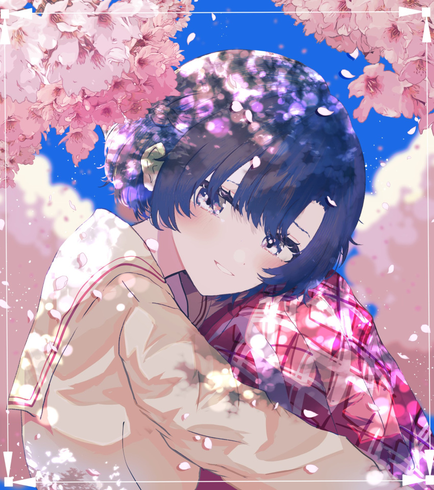 1girl black_hair blush cherry_blossoms falling_petals highres hugging_own_legs idolmaster idolmaster_cinderella_girls ji5gbock knees_up looking_at_viewer looking_to_the_side petals sailor_collar shiragiku_hotaru short_hair smile solo violet_eyes