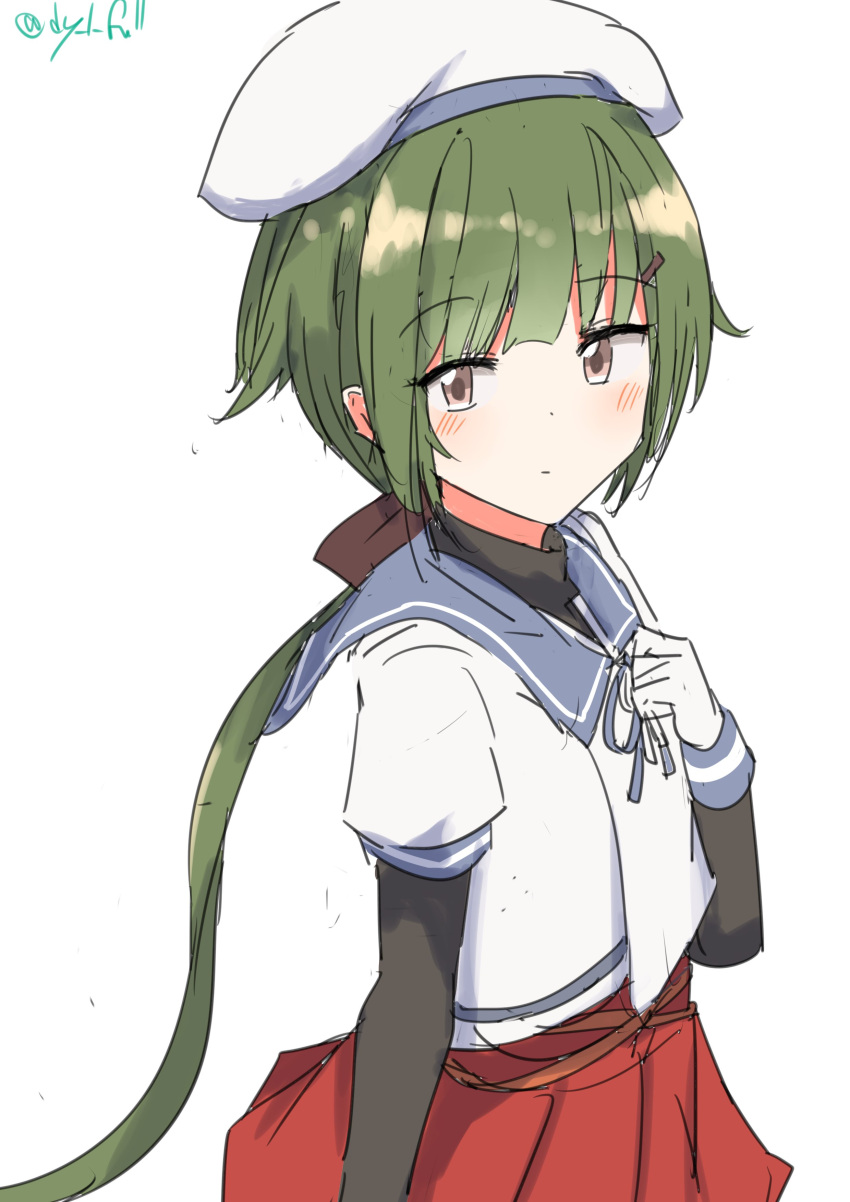 1girl absurdres arm_warmers beret blue_sailor_collar brown_eyes cowboy_shot gloves green_hair hat highres kantai_collection long_hair looking_at_viewer low_ponytail noumi_(kancolle) one-hour_drawing_challenge pleated_skirt red_skirt robinson_(day_l_full) sailor_collar shirt simple_background skirt solo twitter_username white_background white_gloves white_headwear white_shirt