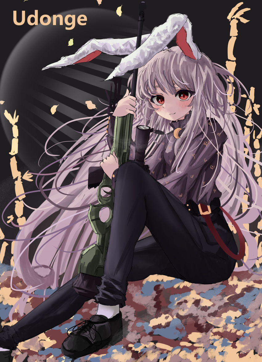 1girl absurdres alternate_costume animal_ears black_footwear black_pants character_name closed_mouth commentary crescent crescent_pin english_commentary full_body gun highres holding holding_gun holding_weapon knee_up long_hair long_sleeves looking_at_viewer ougiikun pants purple_hair rabbit_ears rabbit_girl red_eyes reisen_udongein_inaba sitting socks solo touhou weapon white_socks