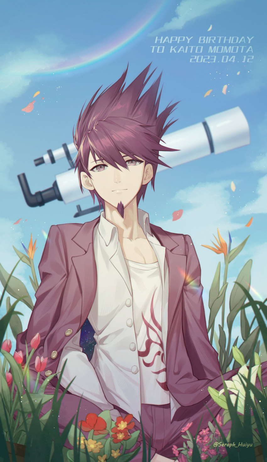 1boy absurdres buttons character_name collarbone danganronpa_(series) danganronpa_v3:_killing_harmony dated ewa_(seraphhuiyu) flower grass hair_between_eyes happy_birthday highres jacket momota_kaito open_clothes open_jacket open_shirt outdoors pink_eyes pink_hair pink_jacket pink_patns print_shirt red_flower shirt solo space_print spiky_hair starry_sky_print teeth white_shirt yellow_flower
