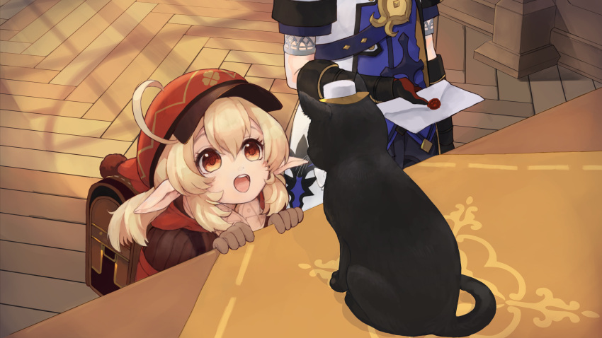 1boy 1girl :d absurdres ahoge albedo_(genshin_impact) ashidatea_(maroyaka_water) black_cat black_gloves brown_gloves brown_scarf cabbie_hat cat clover_print coat commentary_request elbow_gloves genshin_impact gloves hair_between_eyes hat highres holding holding_letter indoors klee_(genshin_impact) letter light_brown_hair long_hair long_sleeves looking_away low_twintails orange_eyes out_of_frame pointy_ears red_coat red_headwear scarf shoulder_belt sidelocks smile twintails