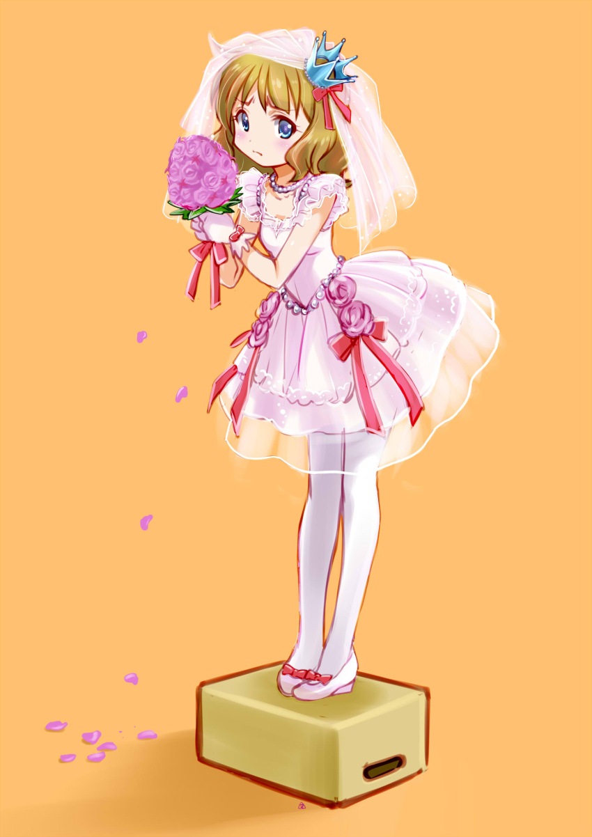 1girl blue_eyes blush bouquet bow bridal_veil brown_hair commentary_request crown dress flat_chest flower footwear_bow frilled_sleeves frills full_body hands_up highres holding holding_bouquet idolmaster idolmaster_million_live! jewelry layered_skirt looking_at_viewer mercy_rabbit necklace orange_background pantyhose partial_commentary pearl_necklace petals pink_dress red_ribbon ribbon rose see-through shadow short_hair short_sleeves skirt solo standing stool suou_momoko veil wavy_hair wavy_mouth wedding_dress white_footwear white_pantyhose