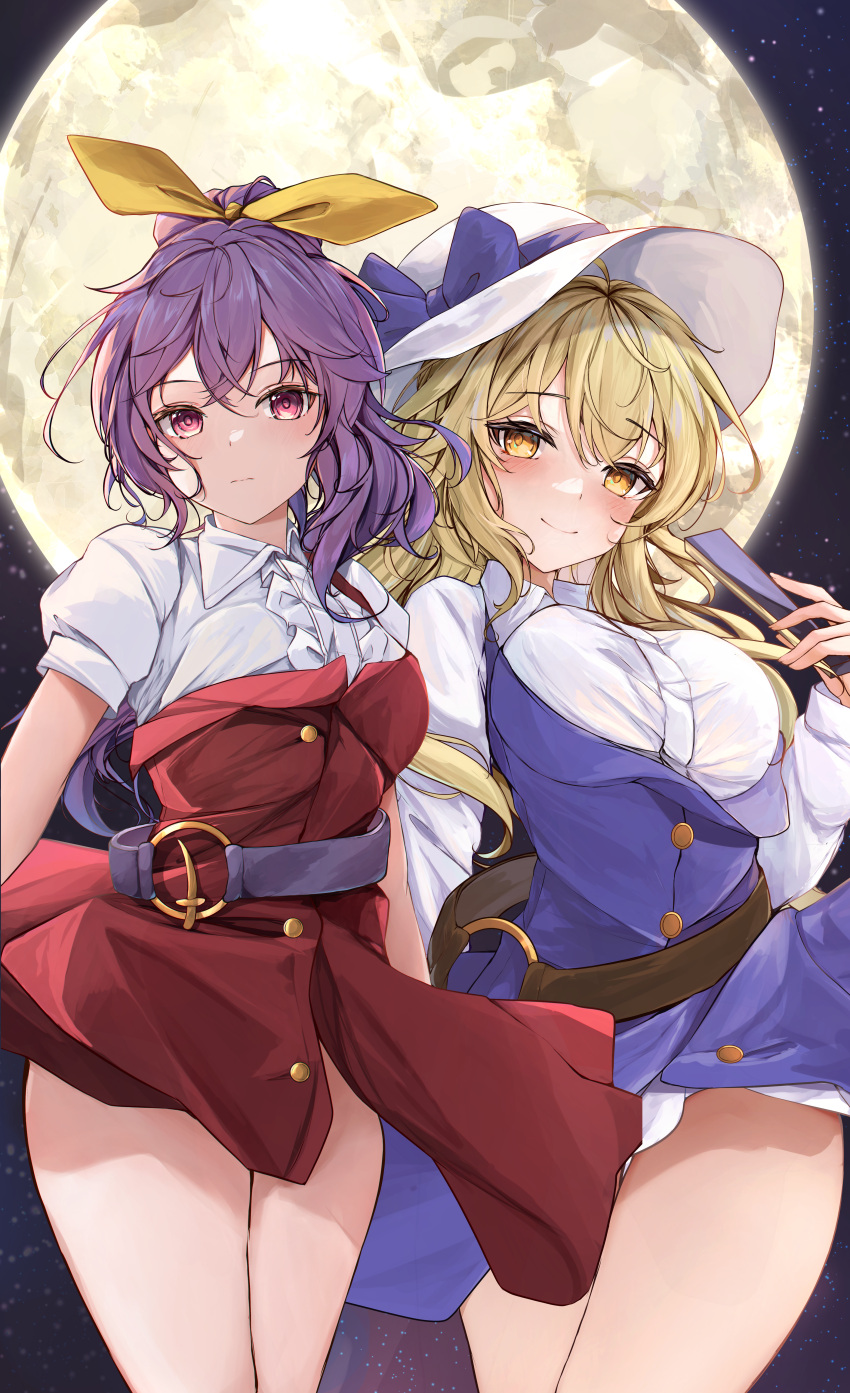 2girls absurdres arm_behind_back arms_behind_back belt blonde_hair blush bow breasts clothes_lift collared_shirt commission cowboy_shot dress dress_lift expressionless full_moon hair_ribbon hand_fan hand_up hat hat_bow highres hip_focus holding holding_fan holding_sword holding_weapon katana large_breasts long_hair long_sleeves looking_at_viewer looking_down medium_breasts moon multiple_girls night night_sky orchid_(orukido) outdoors pink_eyes pixiv_commission ponytail purple_bow purple_dress purple_hair red_dress ribbon shirt short_sleeves siblings sisters sky smile star_(sky) staring starry_sky sword thigh_gap thighs touhou very_long_hair watatsuki_no_toyohime watatsuki_no_yorihime weapon white_headwear white_shirt yellow_eyes yellow_ribbon