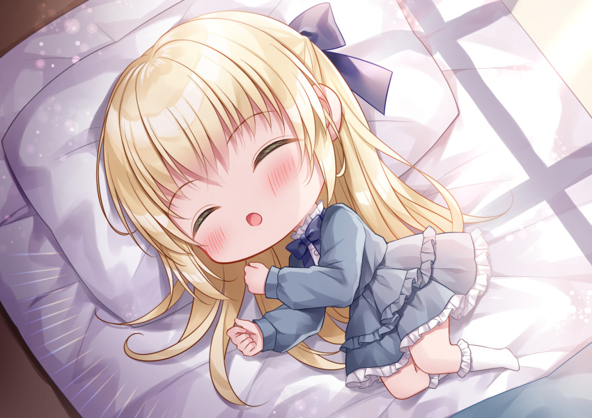 1girl :o blonde_hair blue_bow blue_dress blush bow chibi closed_eyes commentary_request commission dress facing_viewer frilled_dress frilled_socks frills full_body futon hair_bow hands_up highres kohinata_hoshimi layered_dress long_hair long_sleeves lying no_shoes on_bed on_side open_mouth original pillow puffy_long_sleeves puffy_sleeves skeb_commission sleeping socks solo very_long_hair white_socks