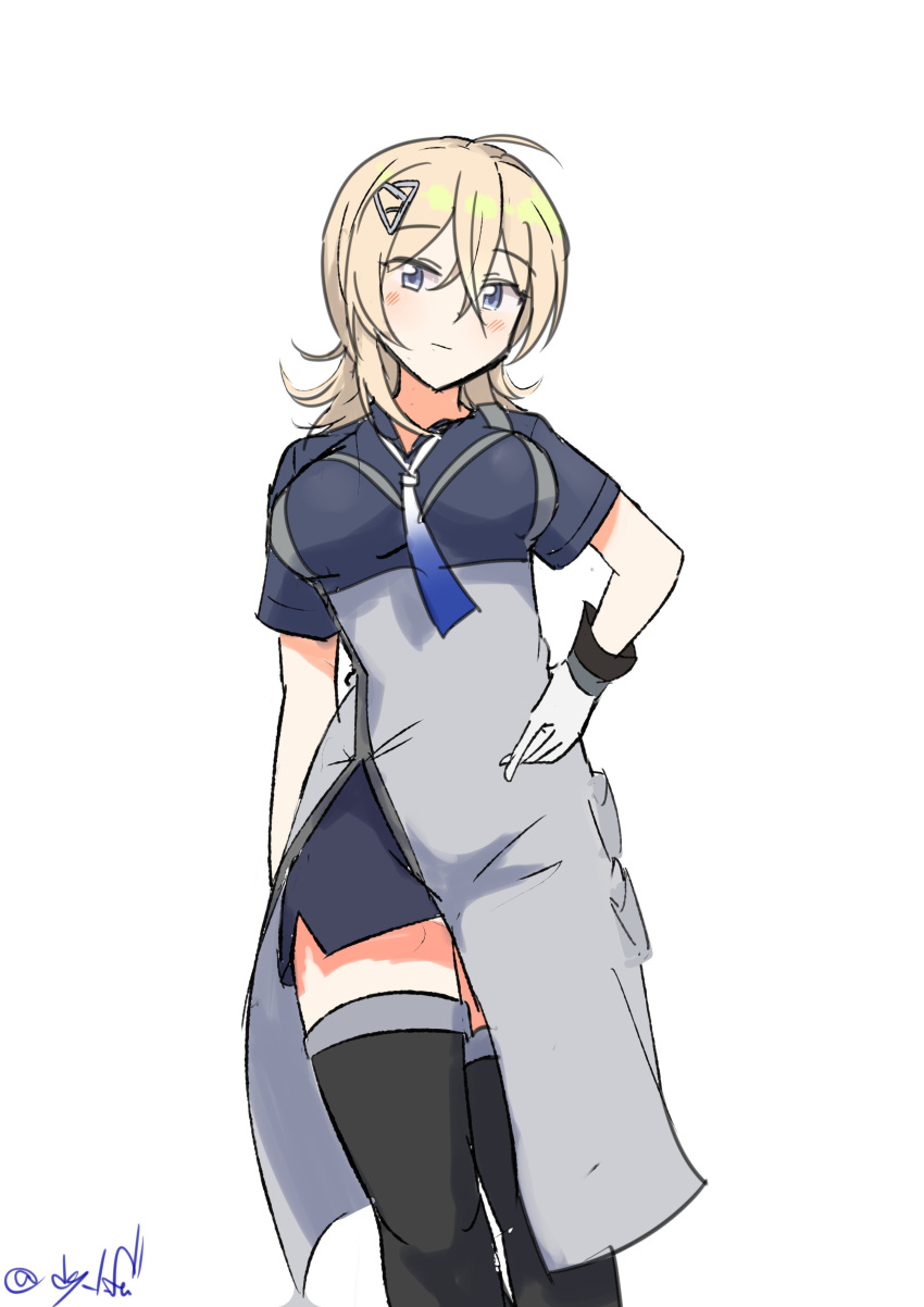 1girl absurdres black_thighhighs blonde_hair blue_eyes blue_neckerchief breasts gloves gradient_neckerchief hair_ornament hairclip hand_on_own_hip highres kantai_collection large_breasts medium_hair military military_uniform neckerchief one-hour_drawing_challenge overskirt pencil_skirt robinson_(day_l_full) skirt smile solo standing thigh-highs tuscaloosa_(kancolle) uniform white_gloves