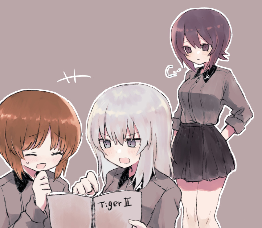 +++ 3girls arm_behind_back black_skirt blue_eyes blush book brown_eyes brown_hair commentary dress_shirt frown girls_und_panzer grey_hair grey_shirt highres holding holding_book itsumi_erika kuromorimine_school_uniform laughing long_sleeves looking_at_another medium_hair miniskirt multiple_girls nishizumi_maho nishizumi_miho open_mouth outline pleated_skirt pointing ri_(qrcode) school_uniform shirt short_hair siblings sigh simple_background sisters skirt sleeves_rolled_up smile standing sweatdrop white_outline wing_collar
