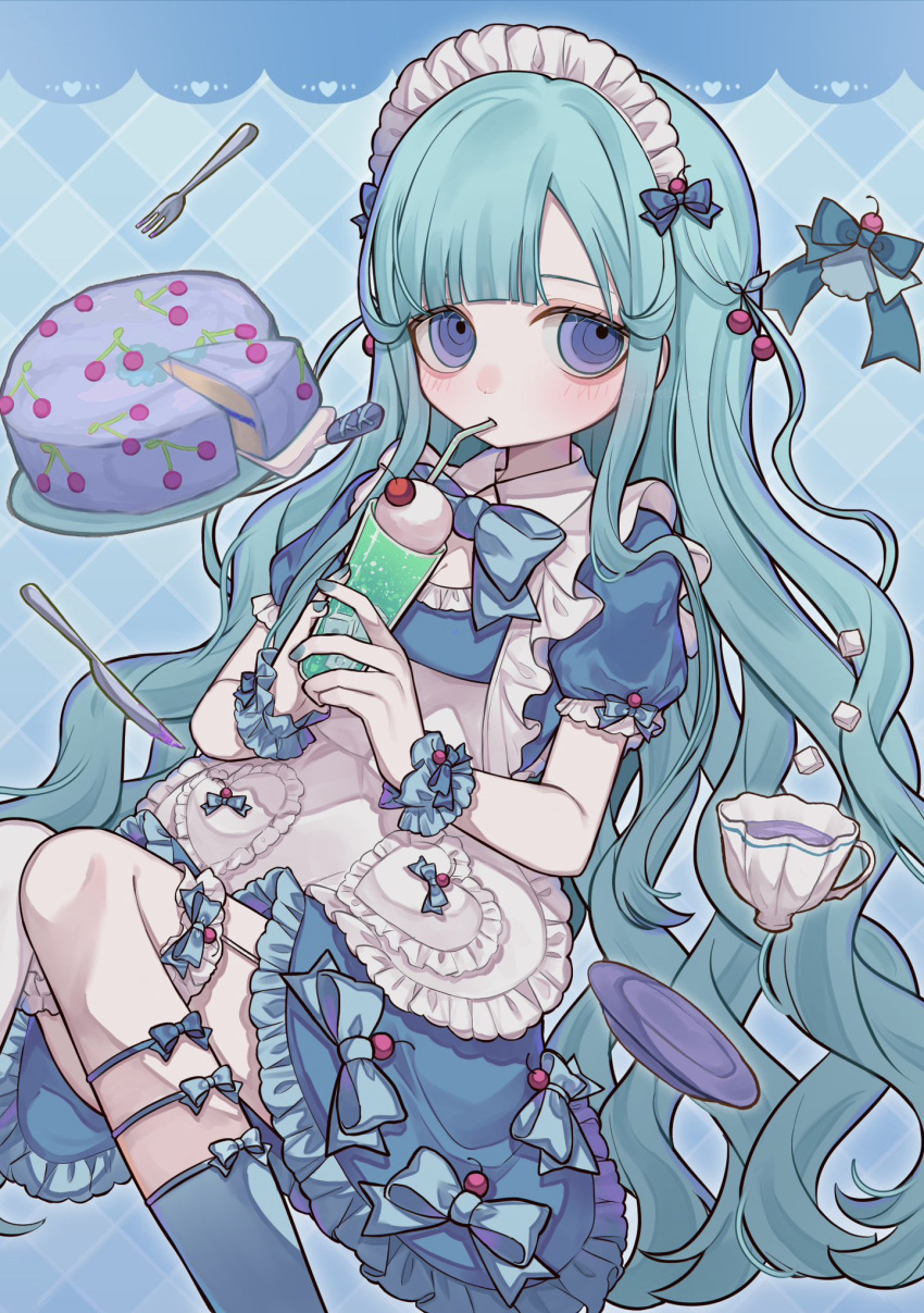 1girl alternate_costume apron aqua_dress aqua_hair aqua_nails blue_eyes blush bow cake cake_slice cherry commentary cream cup dessert dress enmaided food fork frills fruit hair_bow heart highres holding holding_cup icing knees_together_feet_apart knife long_hair looking_to_the_side maid original patterned_background plate ringed_eyes saucer short_sleeves soda solo spatula sugar_cube symbol-only_commentary teacup user_fggx5725 very_long_hair white_apron wristband