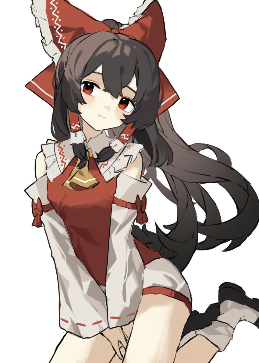 1girl absurdres ascot bare_shoulders black_footwear black_hair bow closed_mouth clynxen detached_sleeves hair_between_eyes hair_bow hair_tubes hakurei_reimu highres japanese_clothes long_hair nontraditional_miko red_bow red_eyes ribbon-trimmed_sleeves ribbon_trim shoes sidelocks simple_background socks solo touhou white_background white_sleeves white_socks wide_sleeves yellow_ascot
