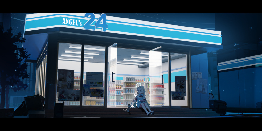 blue_archive cat cityscape convenience convenience_store halo highres night qianhui sensei_(blue_archive) shop socks sora_(blue_archive) stairs trash_can tree white_socks
