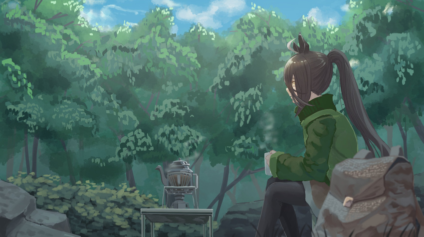 1girl absurdres ahoge animal_ears backpack bag black_hair black_pantyhose brown_shorts bush cup feet_out_of_frame from_side green_jacket highres holding holding_cup horse_ears jacket kettle long_hair long_sleeves manhattan_cafe_(umamusume) multicolored_hair outdoors oyu_16 pantyhose ponytail portable_stove rock shorts sitting solo steam streaked_hair tree umamusume yellow_eyes