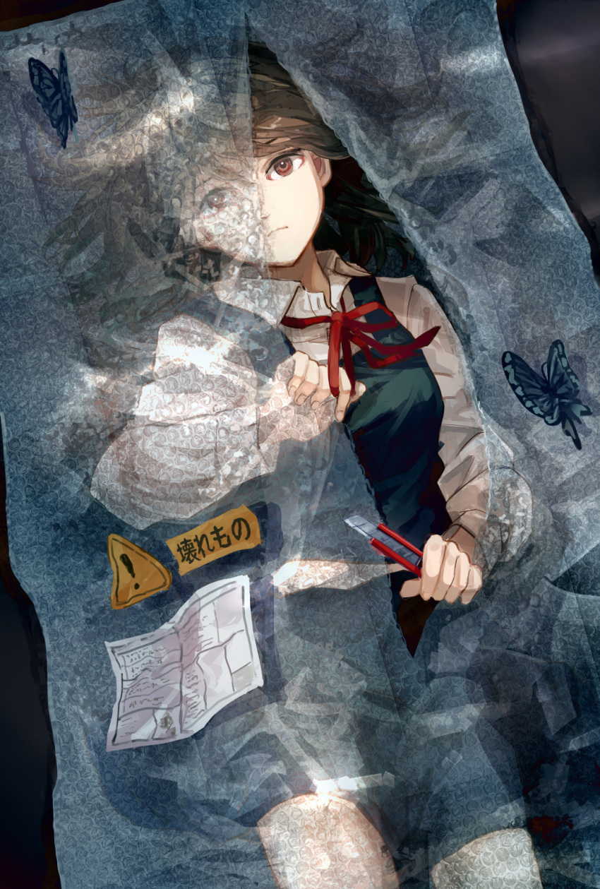 1girl 23el blue_dress boxcutter brown_eyes brown_hair bubble_wrap bug butterfly closed_mouth collared_shirt dress expressionless highres holding_boxcutter looking_at_viewer lying medium_hair on_back original school_uniform shirt sign solo warning_sign white_shirt