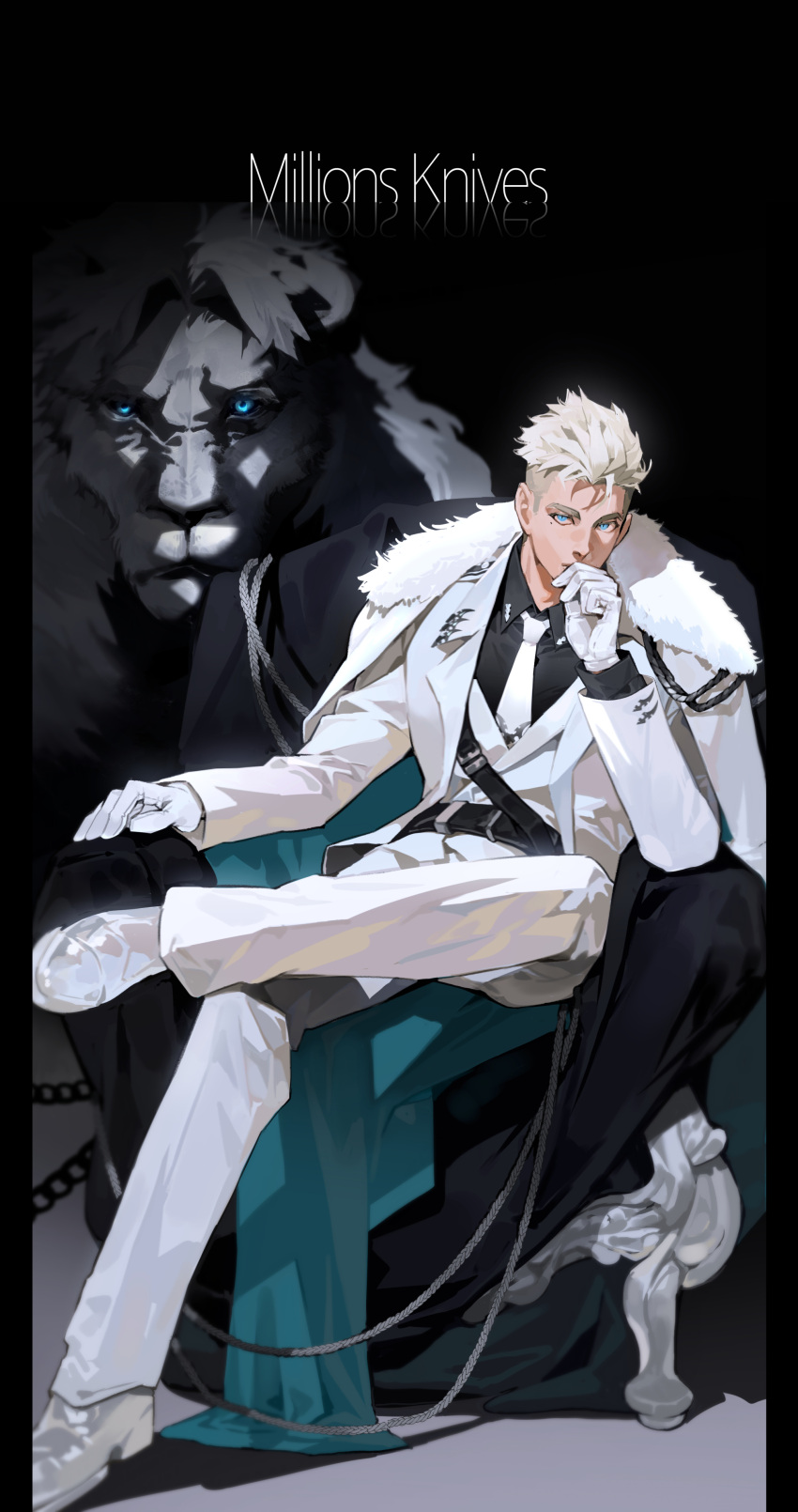 1boy absurdres animal belt black_background black_belt black_shirt blue_eyes chair character_name closed_mouth coat coat_on_shoulders collared_shirt crossed_legs full_body fur_trim gloves hand_up highres jacket lion long_sleeves looking_at_viewer male_focus millions_knives mole mole_under_eye necktie pants rladd881 shirt short_hair sitting solo trigun trigun_stampede white_coat white_footwear white_gloves white_hair white_jacket white_necktie white_pants