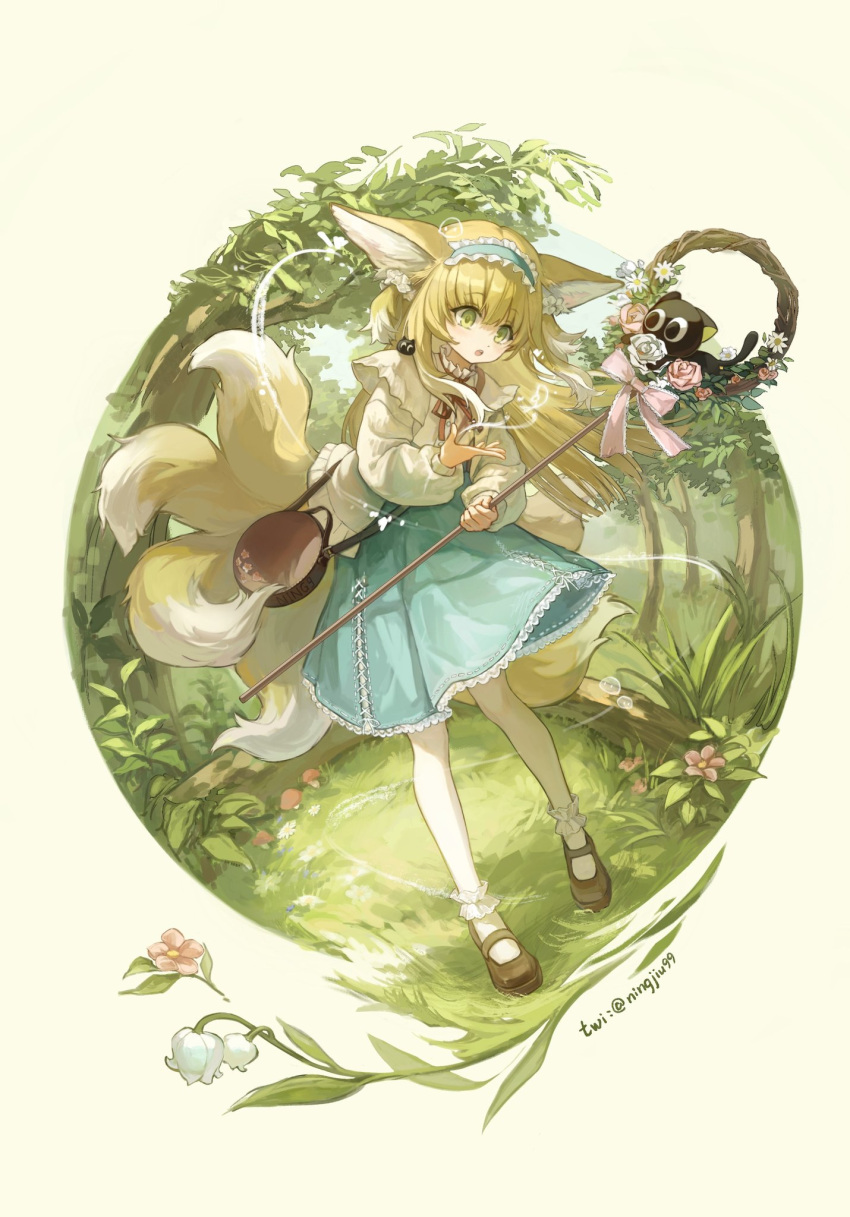 1girl animal_ear_fluff animal_ears ankle_socks arknights artist_name bag black_cat blonde_hair blue_hairband blue_skirt bobby_socks bow brown_bag brown_footwear cardigan cat chamomile crossover flower fox_ears fox_girl fox_tail frilled_hairband frills full_body green_eyes hair_ornament hair_scrunchie hairband handbag heixiu high-waist_skirt highres holding holding_staff kitsune kyuubi lily_of_the_valley long_hair long_sleeves luoxiaohei mary_janes multicolored_hair multiple_tails name_connection nature neck_ribbon ningjiu_9 object_namesake official_alternate_costume on_shoulder open_cardigan open_clothes pink_bow pink_flower pink_rose puffy_long_sleeves puffy_sleeves red_ribbon ribbon rose scrunchie shirt shoes shoulder_bag skirt sleeve_cuffs socks solo staff stitches suzuran_(arknights) suzuran_(spring_praise)_(arknights) tail the_legend_of_luo_xiaohei twitter_username two-tone_hair white_cardigan white_flower white_hair white_rose white_shirt white_socks