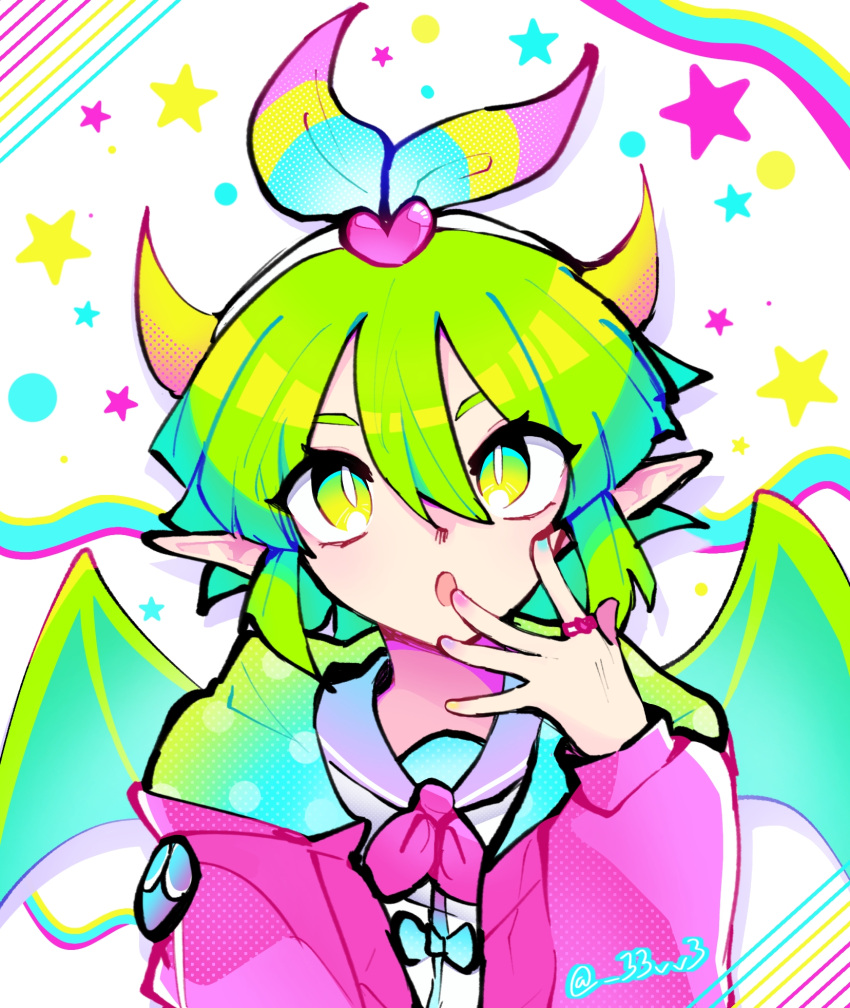 1girl :o artist_name ben-day_dots blue_bow blue_nails bow bow_hairband bright_pupils character_print cmyk draco_centauros dragon_horns dragon_wings drop_shadow english_commentary eveo eyes_visible_through_hair green_eyes green_hair hair_between_eyes hairband hand_on_own_face heart highres hood hood_down hoodie horns jewelry looking_up multicolored_bow multicolored_nails nail_polish neckerchief neon_palette official_alternate_costume pink_bow pink_hoodie pink_nails pink_neckerchief pointy_ears polka_dot polka_dot_hoodie purple_nails purple_sailor_collar puyo_(puyopuyo) puyopuyo puyopuyo_quest ring sailor_collar screentones short_hair simple_background solo star_(symbol) twitter_username white_background white_pupils wings yellow_bow yellow_nails